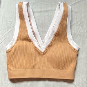 Aerie Ribbed Tan and White V-Neck Sports Bra